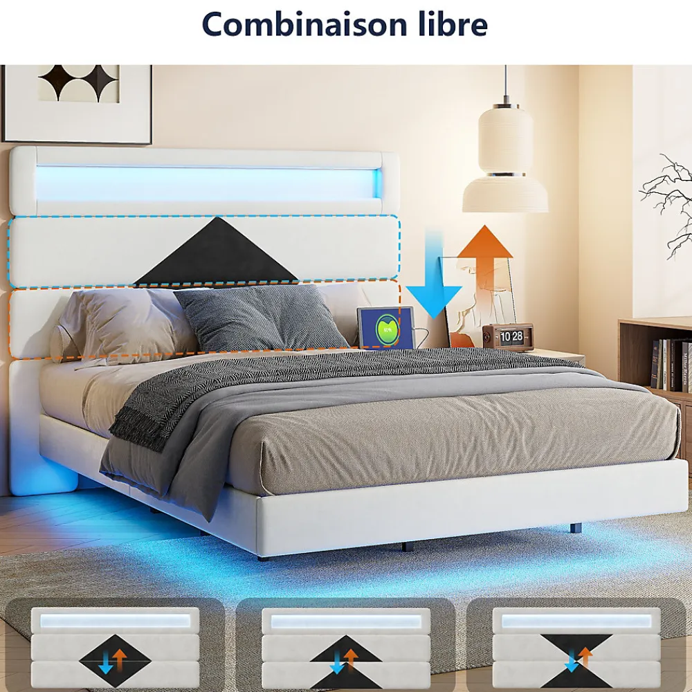 Lit rembourré 140x190cm avec USB, lit double avec LED,lit coffre avec tête de lit en diamant,velours>Simple Life Outlet