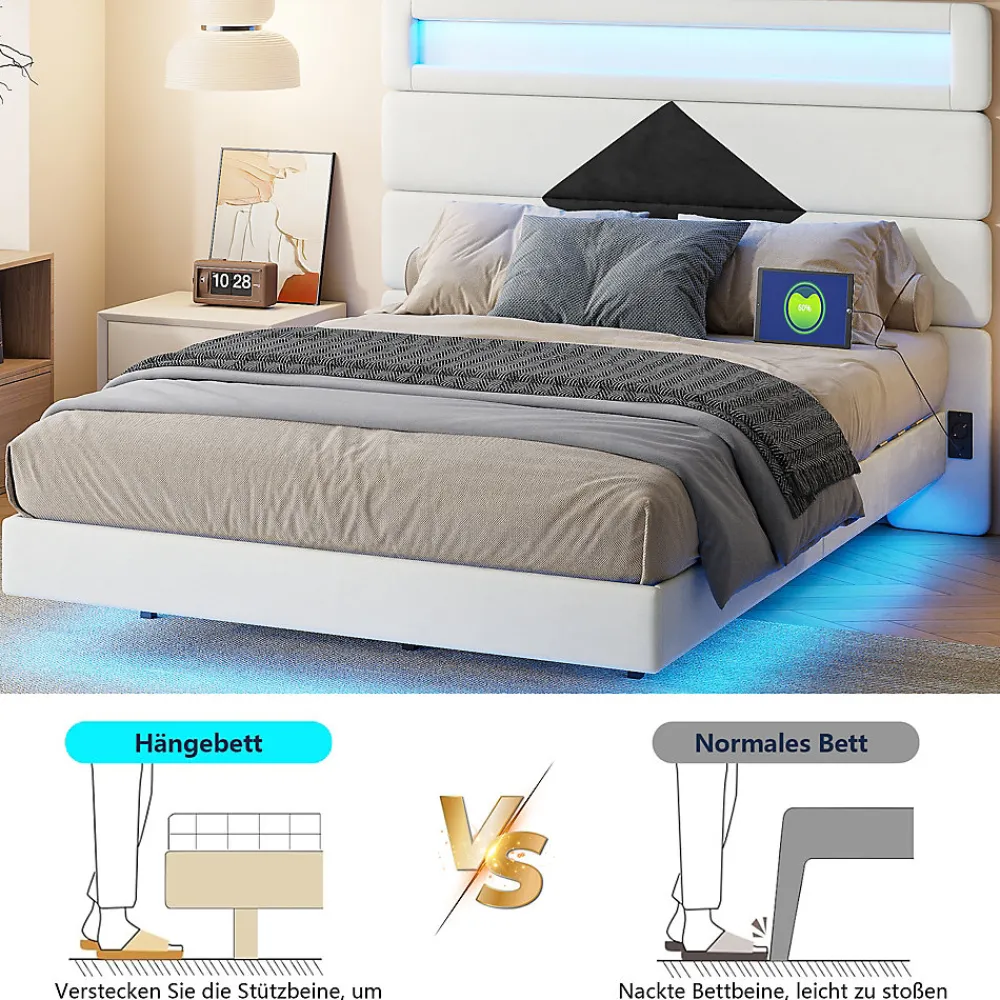 Lit rembourré 140x190cm avec USB, lit double avec LED,lit coffre avec tête de lit en diamant,velours>Simple Life Outlet