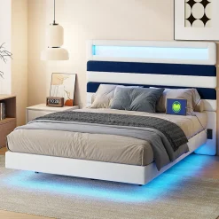 Lit Rembourré 140x190cm avec USB, lit d'adolescent, lit double avec LED, velours, blanc et bleu>Simple Life Best