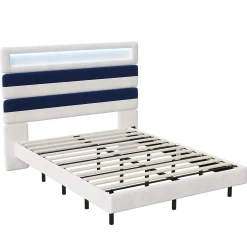 Lit Rembourré 140x190cm avec USB, lit d'adolescent, lit double avec LED, velours, blanc et bleu>Simple Life Best