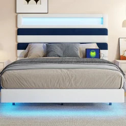 Lit Rembourré 140x190cm avec USB, lit d'adolescent, lit double avec LED, velours, blanc et bleu><noscript><img width=