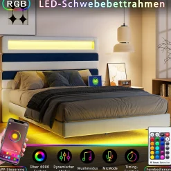 Lit Rembourré 140x190cm avec USB, lit d'adolescent, lit double avec LED, velours, blanc et bleu><noscript><img width=