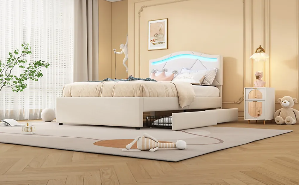 Lit rembourré 90x200cm beige avec télécommande LED, tête réglable et 2 tiroirs, style minimaliste>Simple Life Hot