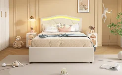 Lit rembourré 90x200cm beige avec télécommande LED, tête réglable et 2 tiroirs, style minimaliste><noscript><img width=