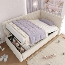Blackcolors Lit rembourré 90x200cm, canapé-lit, rangement hydraulique, velours beige, sans matelas* Lit Coffre