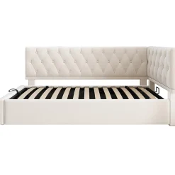 Blackcolors Lit rembourré 90x200cm, canapé-lit, rangement hydraulique, velours beige, sans matelas* Lit Coffre
