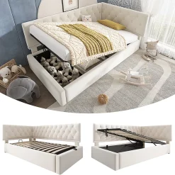 Blackcolors Lit rembourré 90x200cm, canapé-lit, rangement hydraulique, velours beige, sans matelas* Lit Coffre