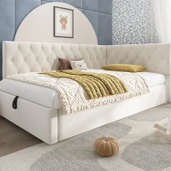 Blackcolors Lit rembourré 90x200cm, canapé-lit, rangement hydraulique, velours beige, sans matelas* Lit Coffre