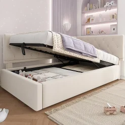 Blackcolors Lit rembourré 90x200cm, canapé-lit, rangement hydraulique, velours beige, sans matelas* Lit Coffre