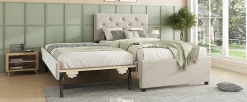 Lit rembourré 90x200cm en velours beige avec sommier, tiroir de rangement, design minimaliste><noscript><img width=