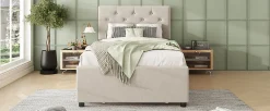 Lit rembourré 90x200cm en velours beige avec sommier, tiroir de rangement, design minimaliste><noscript><img width=