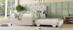 Lit rembourré 90x200cm en velours beige avec sommier, tiroir de rangement, design minimaliste><noscript><img width=