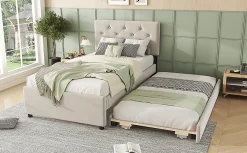 Lit rembourré 90x200cm en velours beige avec sommier, tiroir de rangement, design minimaliste><noscript><img width=