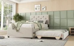 Lit rembourré 90x200cm en velours beige avec sommier, tiroir de rangement, design minimaliste><noscript><img width=