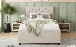 Lit rembourré 90x200cm en velours beige avec sommier, tiroir de rangement, design minimaliste><noscript><img width=