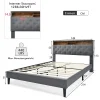 Gutent Lit rembourré 140x200cm espace de rangement tête de lit eclairage led lit cadre à lattes en bois lit double lin gris* Lit Avec Rangement