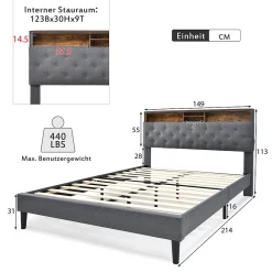 Gutent Lit rembourré 140x200cm espace de rangement tête de lit eclairage led lit cadre à lattes en bois lit double lin gris* Lit Avec Rangement