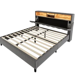 Gutent Lit rembourré 140x200cm espace de rangement tête de lit eclairage led lit cadre à lattes en bois lit double lin gris* Lit Avec Rangement