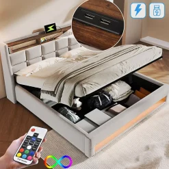 Gutent Lit rembourré 140x200cm, led lit double avec sommier à lattes métalliques, lit jeune, lin, beige (sans matelas)* Lit Avec Rangement