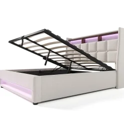 Gutent Lit rembourré 140x200cm, led lit double avec sommier à lattes métalliques, lit jeune, lin, beige (sans matelas)* Lit Avec Rangement