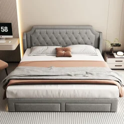Lit Rembourré 180X200Cm Led Tiroirs Lin Gris><noscript><img width=