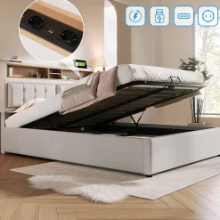 Gutent Lit rembourré 160x200cm, lit avec rangement, lit double avec fonction de recharge USB-C, tête de lit et sommier à lattes,lin,beige* Lit Avec Rangement