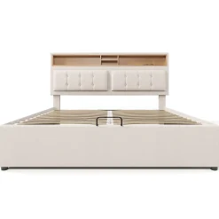 Gutent Lit rembourré 160x200cm, lit avec rangement, lit double avec fonction de recharge USB-C, tête de lit et sommier à lattes,lin,beige* Lit Avec Rangement