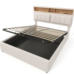 Gutent Lit rembourré 160x200cm, lit avec rangement, lit double avec fonction de recharge USB-C, tête de lit et sommier à lattes,lin,beige* Lit Avec Rangement
