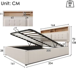 Gutent Lit rembourré 160x200cm, lit avec rangement, lit double avec fonction de recharge USB-C, tête de lit et sommier à lattes,lin,beige* Lit Avec Rangement
