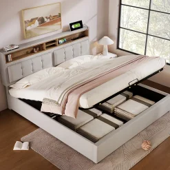 Gutent Lit rembourré 160x200cm, lit avec rangement, lit double avec fonction de recharge USB-C, tête de lit et sommier à lattes,lin,beige* Lit Avec Rangement