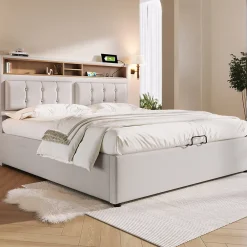 Gutent Lit rembourré 140x200cm, lit avec rangement, lit double avec fonction de recharge USB-C, tête de lit et sommier à lattes,lin,beige* Lit Double