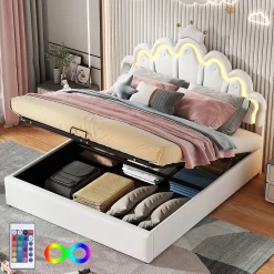 Lit rembourré 140x200cm lit de princesse éclairage d'ambiance réglable lit double pu blanc>Gutent New