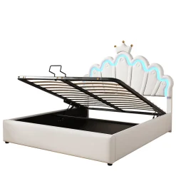 Lit rembourré 140x200cm lit de princesse éclairage d'ambiance réglable lit double pu blanc><noscript><img width=