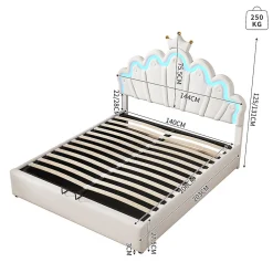 Lit rembourré 140x200cm lit de princesse éclairage d'ambiance réglable lit double pu blanc><noscript><img width=