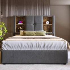 Gutent Lit rembourré 90x200cm lit de rangement lit sommier à lattes en bois avec chargement sans fil usb c Single coton gris* Lit Avec Rangement