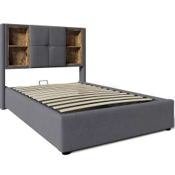 Gutent Lit rembourré 90x200cm lit de rangement lit sommier à lattes en bois avec chargement sans fil usb c Single coton gris* Lit Avec Rangement