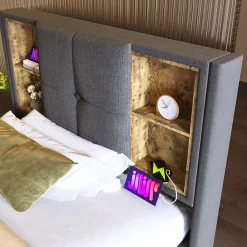 Gutent Lit rembourré 90x200cm lit de rangement lit sommier à lattes en bois avec chargement sans fil usb c Single coton gris* Lit Avec Rangement
