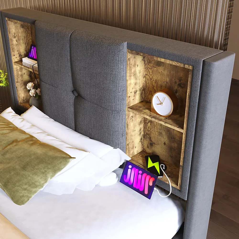 Gutent Lit rembourré 90x200cm lit de rangement lit sommier à lattes en bois avec chargement sans fil usb c Single coton gris* Lit Avec Rangement