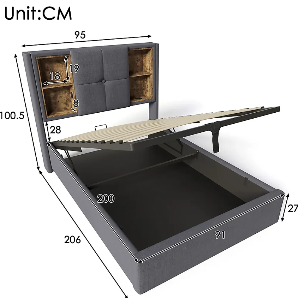 Gutent Lit rembourré 90x200cm lit de rangement lit sommier à lattes en bois avec chargement sans fil usb c Single coton gris* Lit Avec Rangement