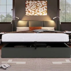 Gutent lit rembourré 160x200cm lit de rangement lit lampe de lecture lit tête de lit avec fonction de chargement usb lit double pu gris* Lit Avec Rangement