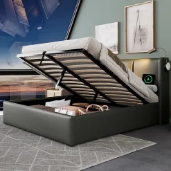 Gutent lit rembourré 160x200cm lit de rangement lit lampe de lecture lit tête de lit avec fonction de chargement usb lit double pu gris* Lit Avec Rangement