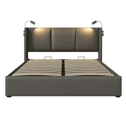 Gutent lit rembourré 160x200cm lit de rangement lit lampe de lecture lit tête de lit avec fonction de chargement usb lit double pu gris* Lit Avec Rangement