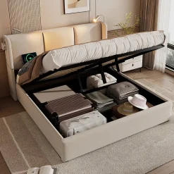 Lit rembourré 160x200cm lit de rangement lit lampe de lecture lit tête de lit avec fonction de chargement usb lit double lin beige>Gutent Discount