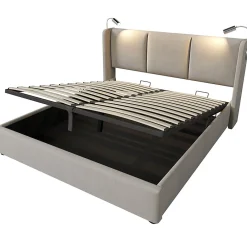 Lit rembourré 160x200cm lit de rangement lit lampe de lecture lit tête de lit avec fonction de chargement usb lit double lin beige>Gutent Discount