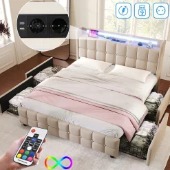 Lit rembourré 140x200cm lit de rangement lit 4 tiroirs lit éclairage led lit sommier à lattes en bois lit double lin beige>Gutent Sale
