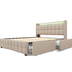 Lit rembourré 140x200cm lit de rangement lit 4 tiroirs lit éclairage led lit sommier à lattes en bois lit double lin beige><noscript><img width=