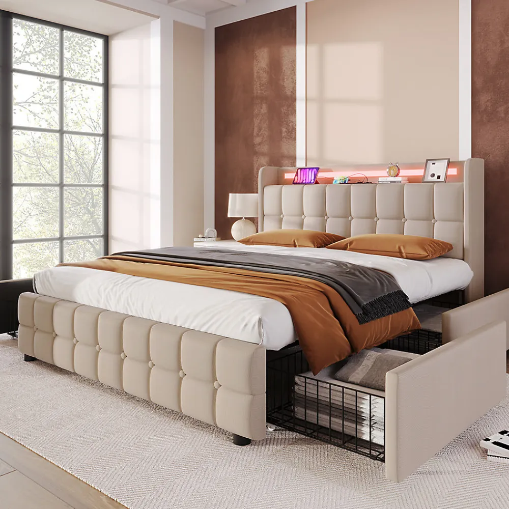 Lit rembourré 140x200cm lit de rangement lit 4 tiroirs lit éclairage led lit sommier à lattes en bois lit double lin beige>Gutent Sale