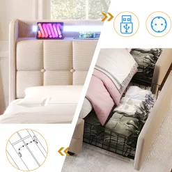 Lit rembourré 140x200cm lit de rangement lit 4 tiroirs lit éclairage led lit sommier à lattes en bois lit double lin beige><noscript><img width=