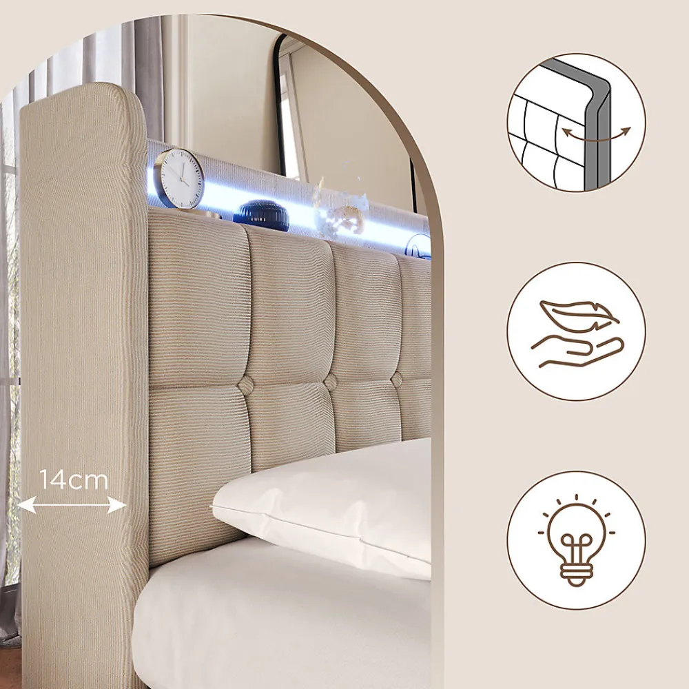 Lit rembourré 140x200cm lit de rangement lit 4 tiroirs lit éclairage led lit sommier à lattes en bois lit double lin beige>Gutent Sale
