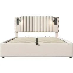 Gutent Lit rembourré 160x200cm, lit de rangement avec sommier à lattes, lumière de lecture et fonction de chargement usb, coton, beige* Lit Avec Rangement